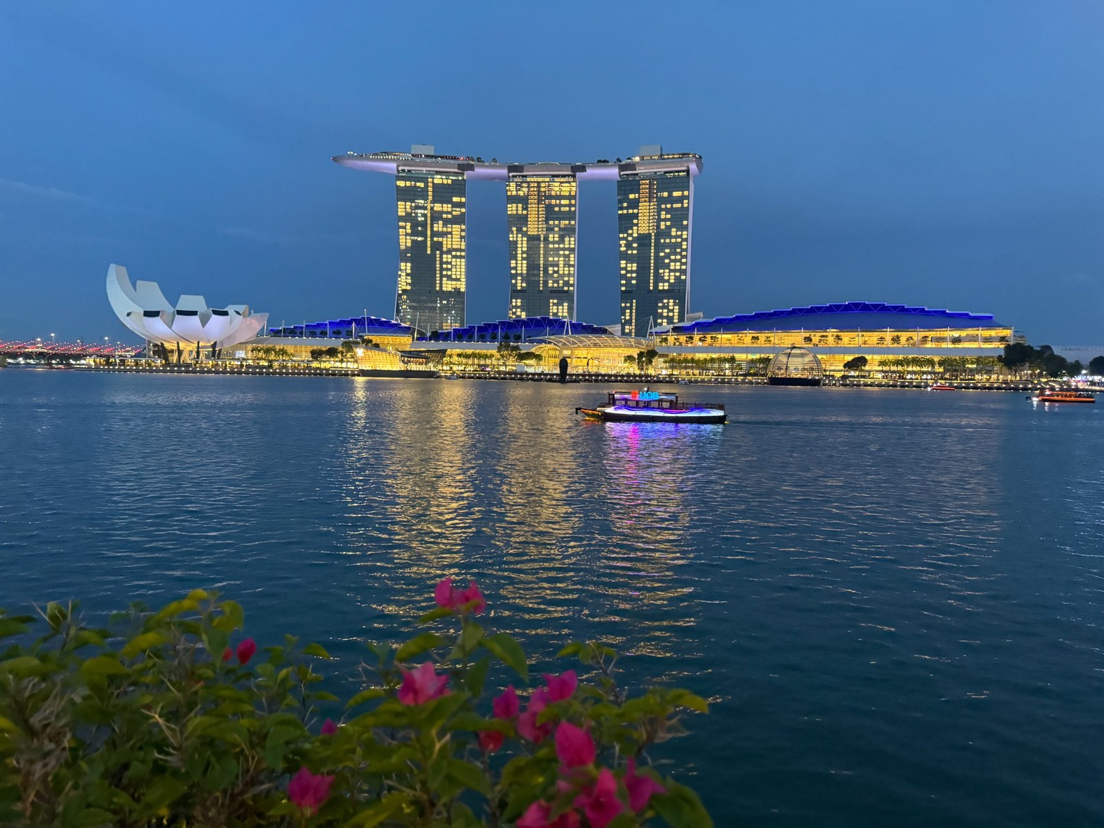 Marina Bay Sands across the waterfront at blue hour